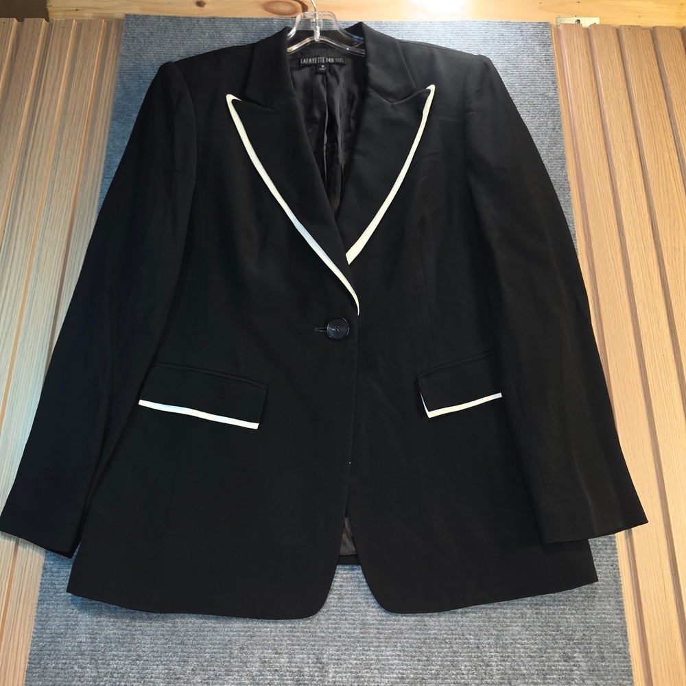Lafayette 148 Blazer Women 10 BlackWhite Piping Wool Blend Excellent Suit Jacket